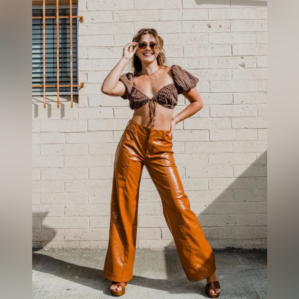 Free People Tan Faux Leather Wide Leg Pants Size 8 - Picture 7 of 16